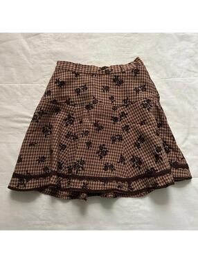 Axes Femme pink and Brown houndstooth print floral skirt with lace trim